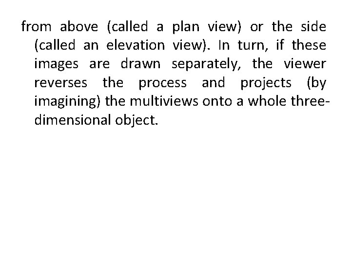 from above (called a plan view) or the side (called an elevation view). In