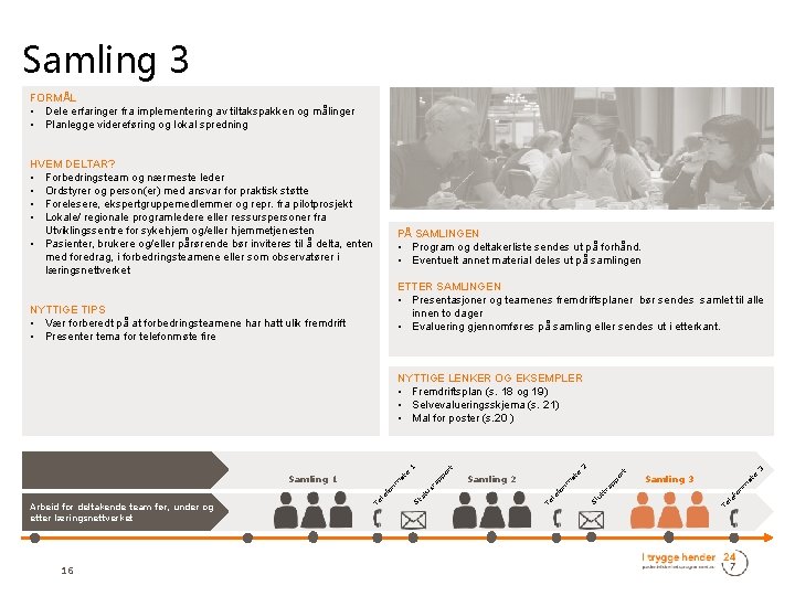 Samling 3 FORMÅL • Dele erfaringer fra implementering av tiltakspakken og målinger • Planlegge