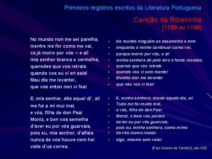 Primeiros registros escritos da Literatura Portuguesa Canção da Ribeirinha [1189 ou 1198] No mundo