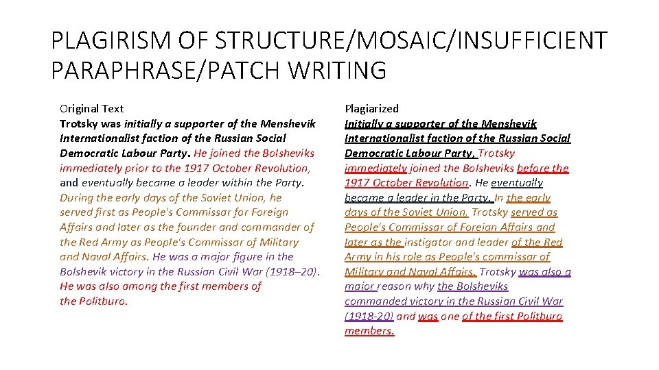 PLAGIRISM OF STRUCTURE/MOSAIC/INSUFFICIENT PARAPHRASE/PATCH WRITING Original Text Trotsky was initially a supporter of the