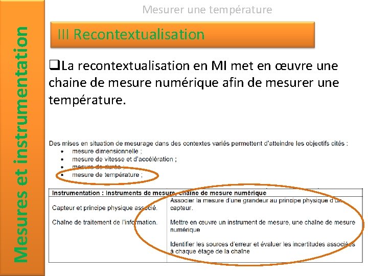 Mesures et instrumentation Mesurer une température III Recontextualisation q. La recontextualisation en MI met