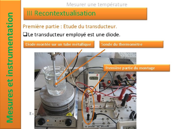 Mesures et instrumentation Mesurer une température III Recontextualisation Première partie : Etude du transducteur.