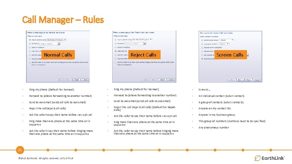 Call Manager – Rules Normal Calls Reject Calls Screen Calls • Ring my phone