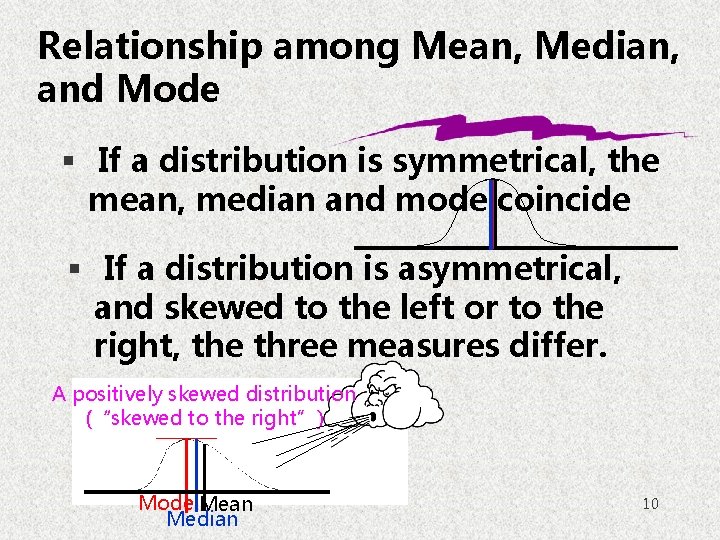 Relationship among Mean, Median, and Mode § If a distribution is symmetrical, the mean,