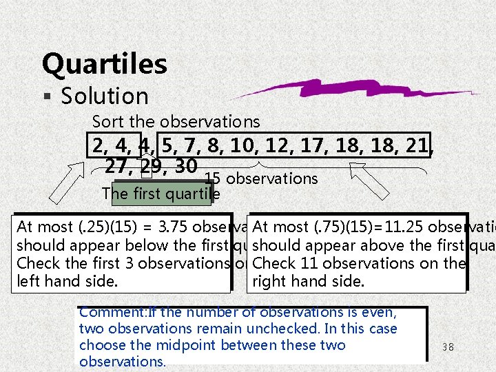 Quartiles § Solution Sort the observations 2, 4, 4, 5, 7, 8, 10, 12,