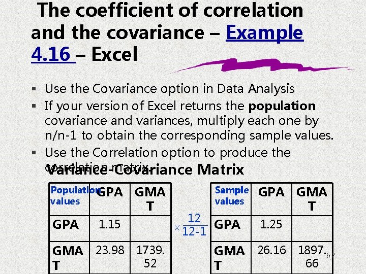 The coefficient of correlation and the covariance – Example 4. 16 – Excel §