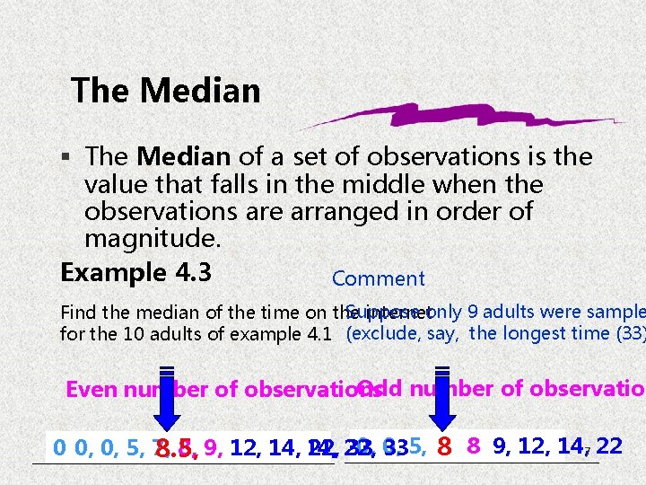 The Median § The Median of a set of observations is the value that