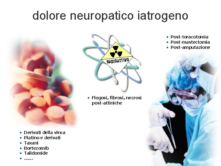 dolore neuropatico iatrogeno • Post-toracotomia • Post-mastectomia • Post-amputazione RADIOATTIVO • Flogosi, fibrosi, necrosi dolore neuropatico iatrogeno • Post-toracotomia • Post-mastectomia • Post-amputazione RADIOATTIVO • Flogosi, fibrosi, necrosi