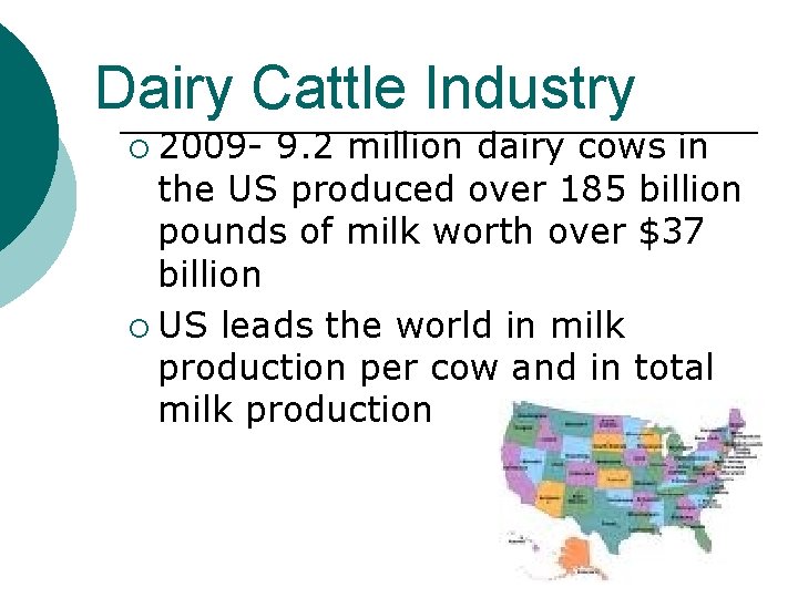Dairy Cattle Industry ¡ 2009 - 9. 2 million dairy cows in the US