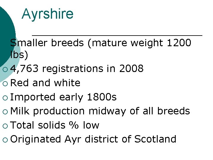 Ayrshire ¡ Smaller breeds (mature weight 1200 lbs) ¡ 4, 763 registrations in 2008