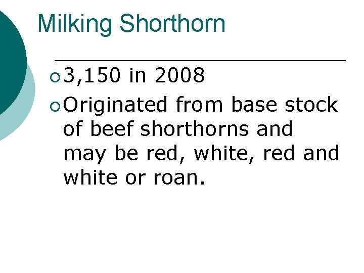 Milking Shorthorn ¡ 3, 150 in 2008 ¡ Originated from base stock of beef