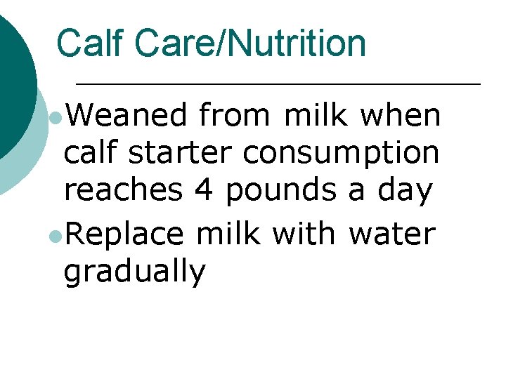 Calf Care/Nutrition l. Weaned from milk when calf starter consumption reaches 4 pounds a