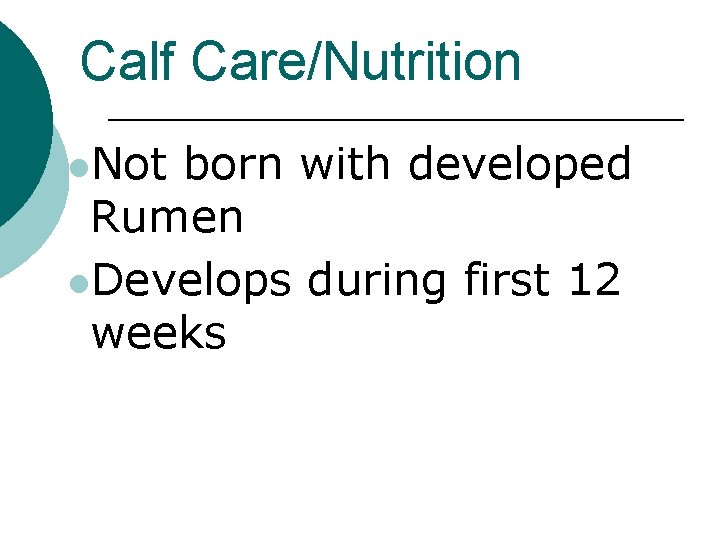 Calf Care/Nutrition l. Not born with developed Rumen l. Develops during first 12 weeks