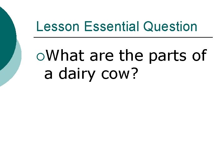Lesson Essential Question ¡What are the parts of a dairy cow? 