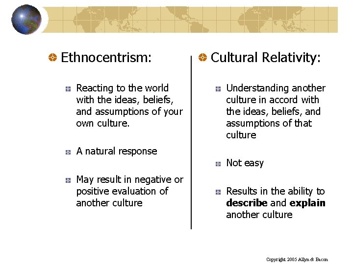 Ethnocentrism: Reacting to the world with the ideas, beliefs, and assumptions of your own