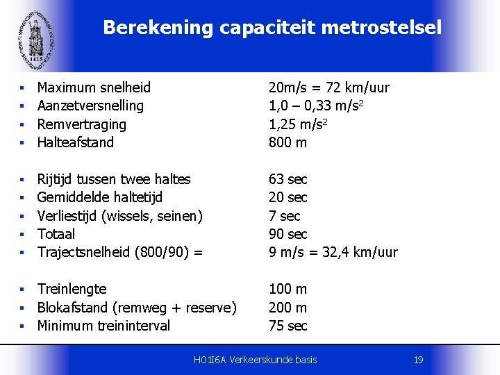Berekening capaciteit metrostelsel § § Maximum snelheid Aanzetversnelling Remvertraging Halteafstand 20 m/s = 72