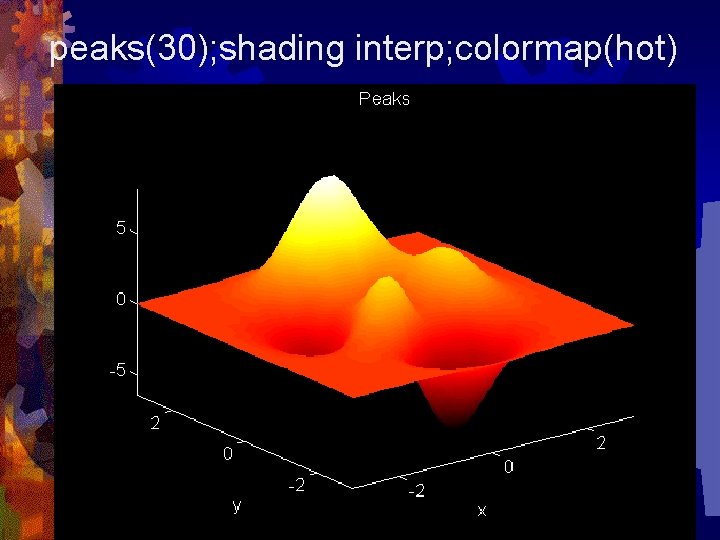 peaks(30); shading interp; colormap(hot) 
