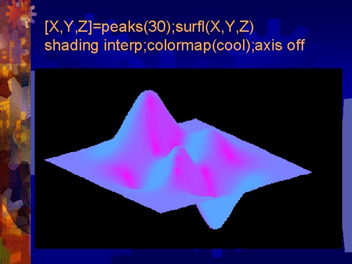 [X, Y, Z]=peaks(30); surfl(X, Y, Z) shading interp; colormap(cool); axis off 