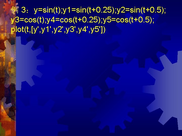 例 3：y=sin(t); y 1=sin(t+0. 25); y 2=sin(t+0. 5); y 3=cos(t); y 4=cos(t+0. 25); y