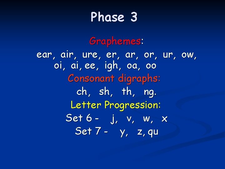 Phase 3 Graphemes: ear, air, ure, er, ar, or, ur, ow, oi, ai, ee,