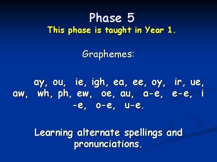 Phase 5 This phase is taught in Year 1. Graphemes: ay, ou, ie, igh,