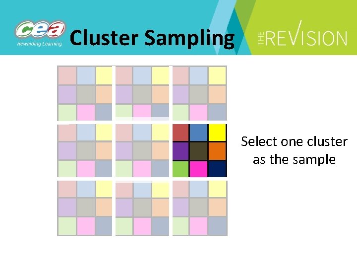 Cluster Sampling Select one cluster as the sample 