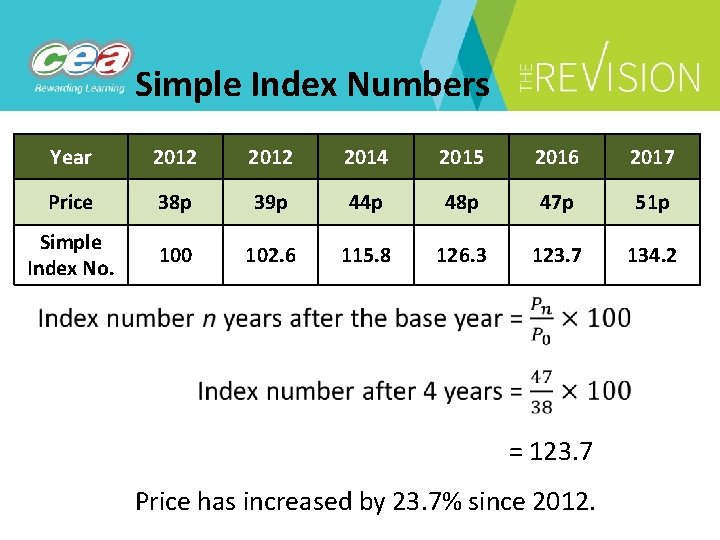 Simple Index Numbers Year 2012 2014 2015 2016 2017 Price 38 p 39 p