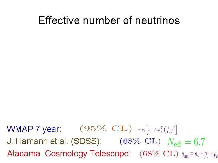 Effective number of neutrinos WMAP 7 year: J. Hamann et al. (SDSS): Atacama Cosmology Effective number of neutrinos WMAP 7 year: J. Hamann et al. (SDSS): Atacama Cosmology
