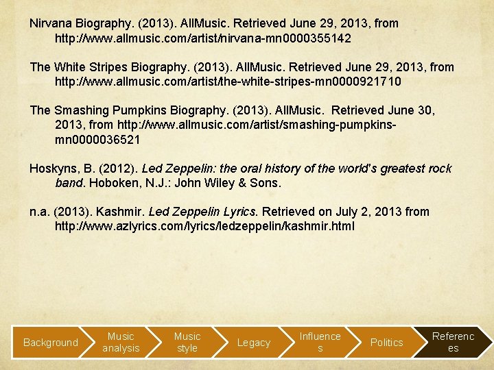 Nirvana Biography. (2013). All. Music. Retrieved June 29, 2013, from http: //www. allmusic. com/artist/nirvana-mn