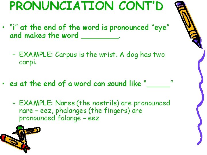 PRONUNCIATION CONT’D • “i” at the end of the word is pronounced “eye” and