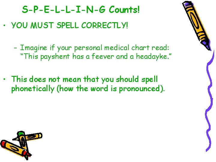 S-P-E-L-L-I-N-G Counts! • YOU MUST SPELL CORRECTLY! – Imagine if your personal medical chart