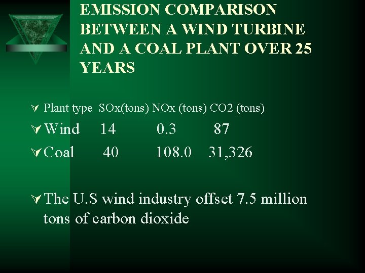 EMISSION COMPARISON BETWEEN A WIND TURBINE AND A COAL PLANT OVER 25 YEARS Ú