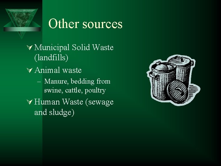 Other sources Ú Municipal Solid Waste (landfills) Ú Animal waste – Manure, bedding from