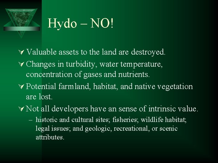 Hydo – NO! Ú Valuable assets to the land are destroyed. Ú Changes in