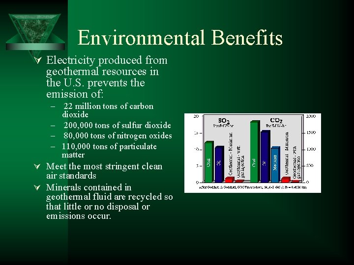Environmental Benefits Ú Electricity produced from geothermal resources in the U. S. prevents the