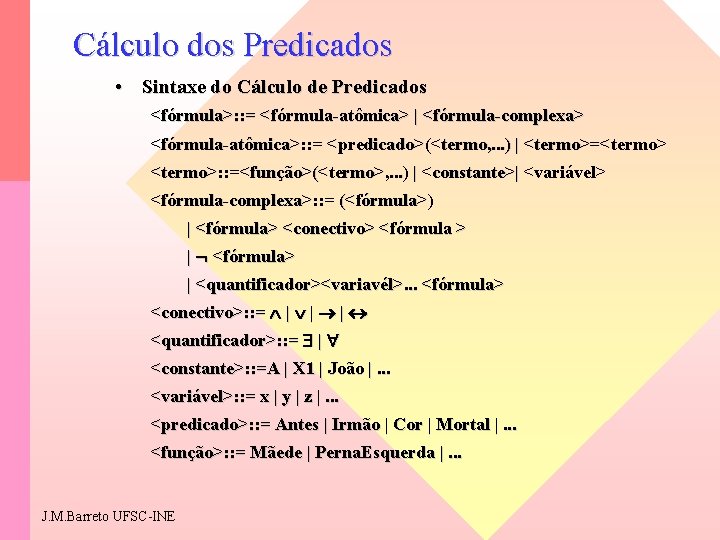 Cálculo dos Predicados • Sintaxe do Cálculo de Predicados <fórmula>: : = <fórmula-atômica> |