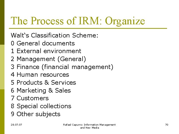 The Process of IRM: Organize Walt‘s Classification Scheme: 0 General documents 1 External environment