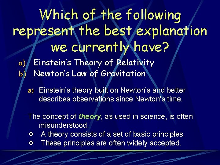 Which of the following represent the best explanation we currently have? Einstein’s Theory of