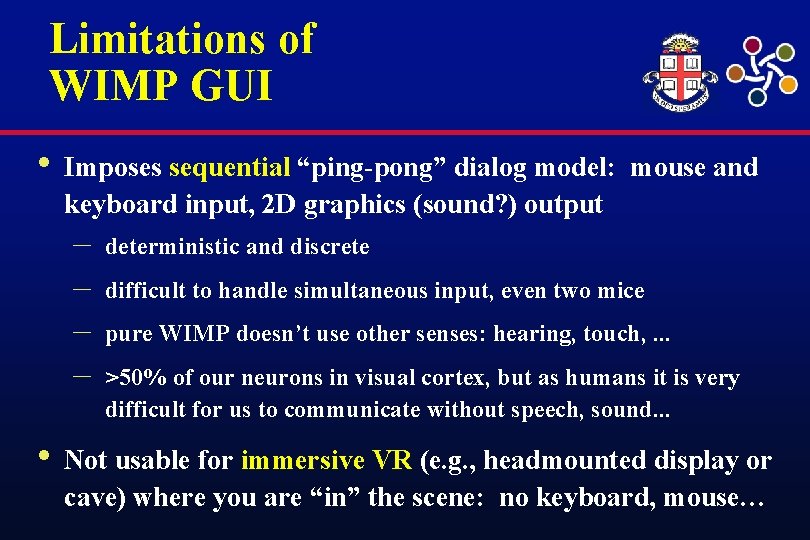 Limitations of WIMP GUI • Imposes sequential “ping-pong” dialog model: mouse and keyboard input,