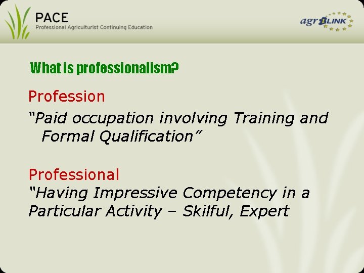 What is professionalism? Profession “Paid occupation involving Training and Formal Qualification” Professional “Having Impressive