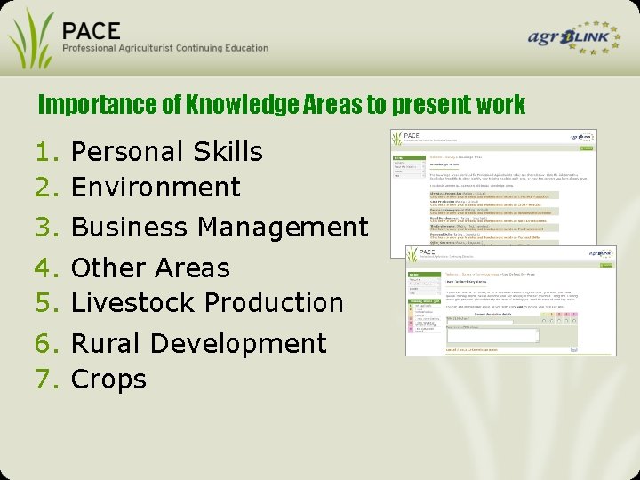 Importance of Knowledge Areas to present work 1. Personal Skills 2. Environment 3. Business