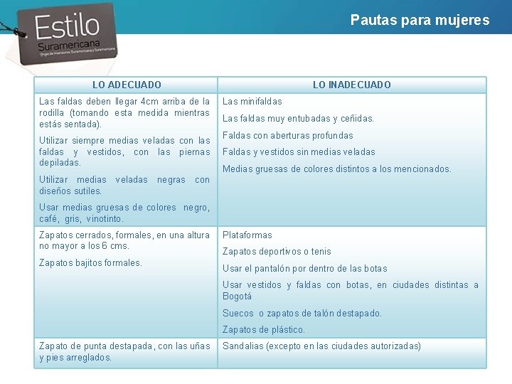 Pautas para mujeres Mujeres LO ADECUADO LO INADECUADO Las faldas deben llegar 4 cm