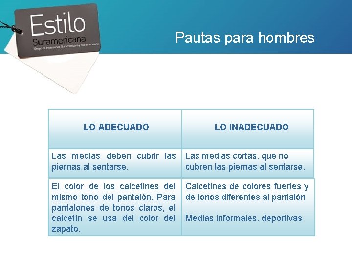 Pautas para hombres LO ADECUADO LO INADECUADO Las medias deben cubrir las piernas al