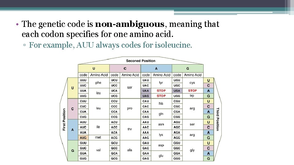  • The genetic code is non-ambiguous, meaning that each codon specifies for one