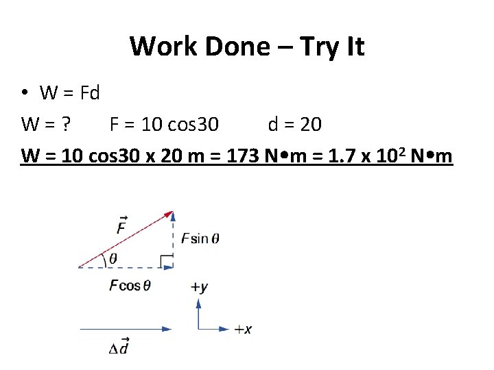 Work Done – Try It • W = Fd W=? F = 10 cos