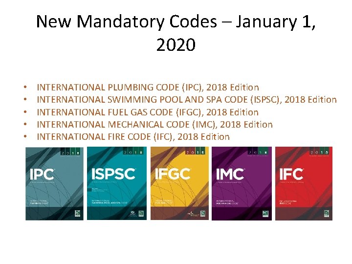 New Mandatory Codes – January 1, 2020 • • • INTERNATIONAL PLUMBING CODE (IPC),
