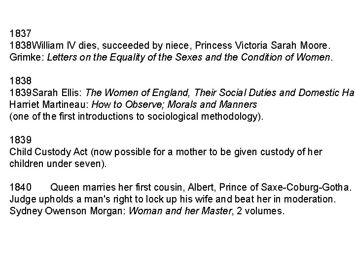 1837 1838 William IV dies, succeeded by niece, Princess Victoria Sarah Moore. Grimke: Letters