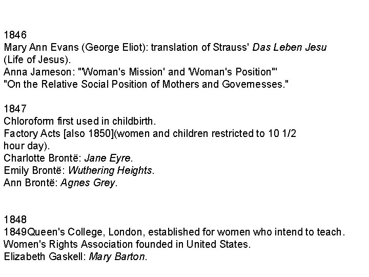 1846 Mary Ann Evans (George Eliot): translation of Strauss' Das Leben Jesu (Life of