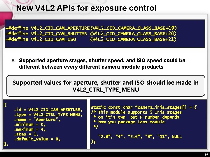 New V 4 L 2 APIs for exposure control +#define V 4 L 2_CID_CAM_APERTURE(V