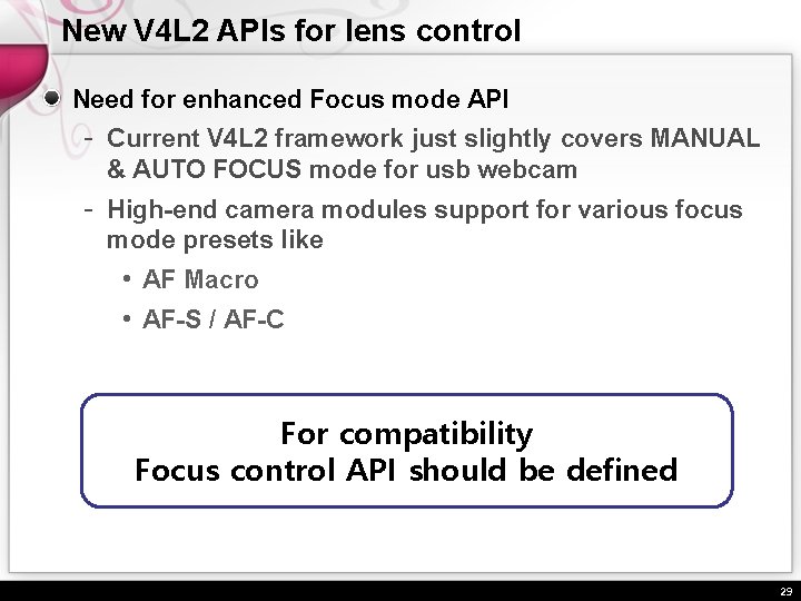 New V 4 L 2 APIs for lens control Need for enhanced Focus mode